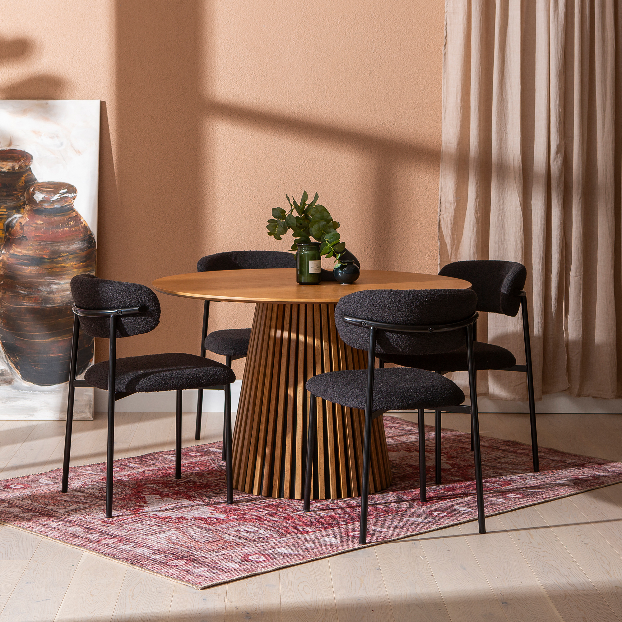 Metz & Bow ruokailuryhmä pyöreä 120cm neljälle, viilutettu natural tammi / musta