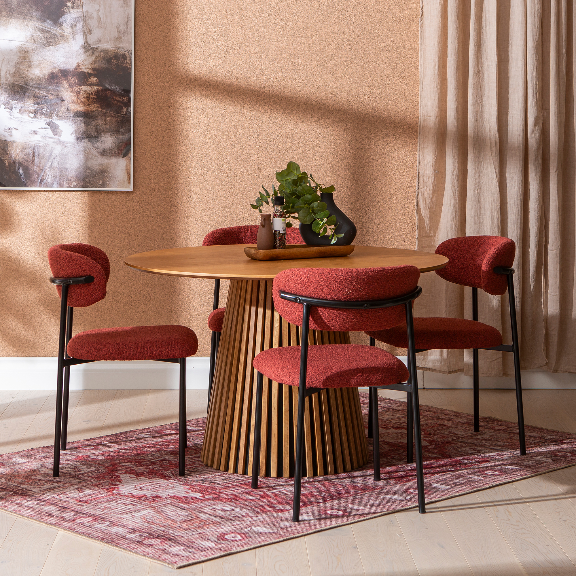 Metz & Bow ruokailuryhmä pyöreä 120cm neljälle, viilutettu natural tammi / punainen