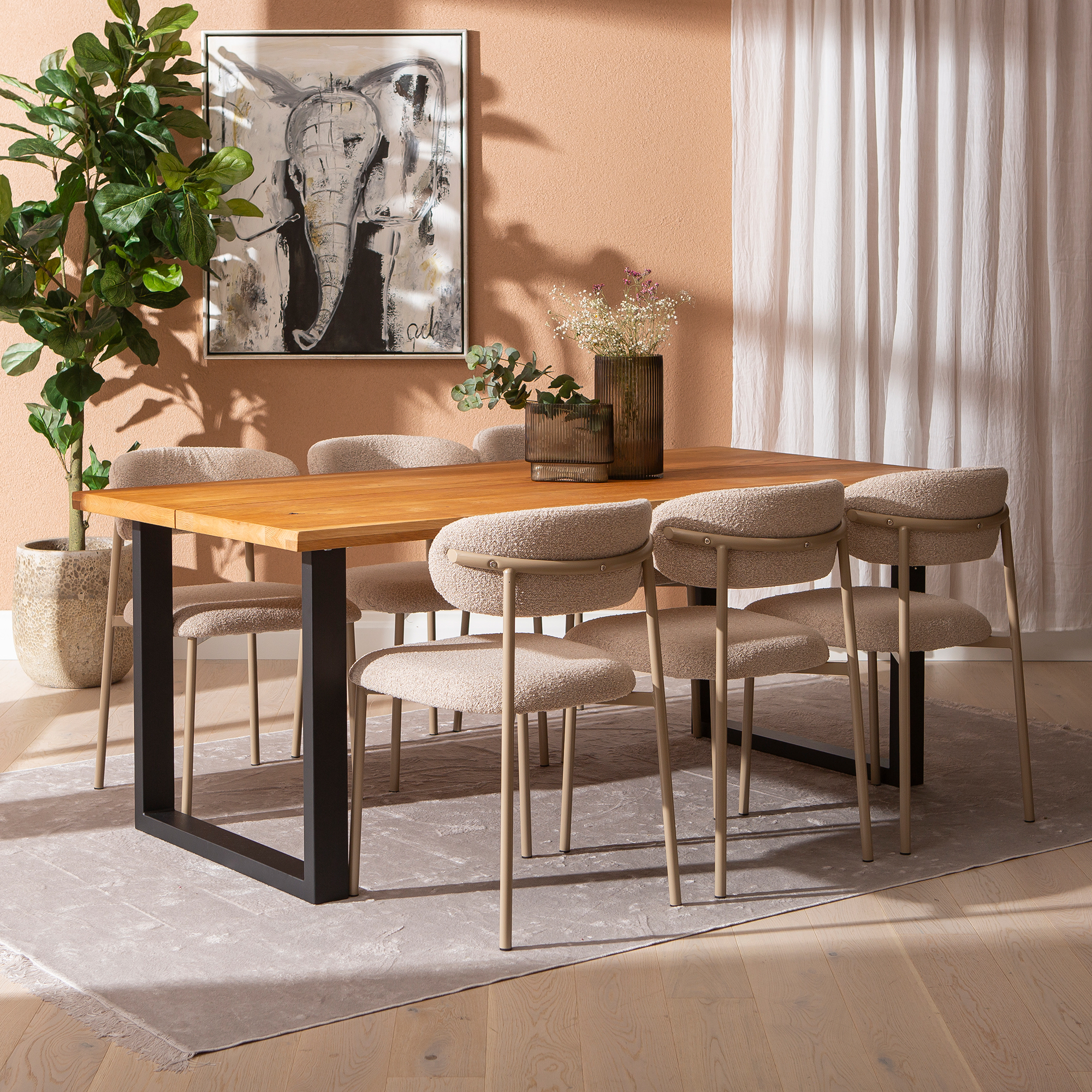 Isla & Bow ruokailuryhmä 190x95 kuudelle u-jalalla, öljytty tammi / khaki